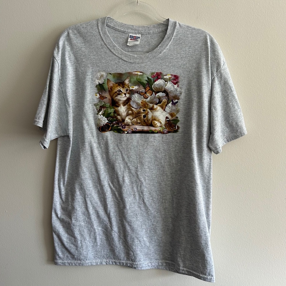 Jerzees T-Shirt Gray Large Kitten Butterfly Flower Graphic